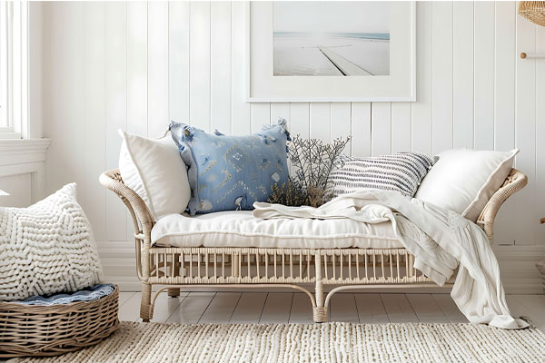 A cozy coastal-style living space with a rattan daybed, decorative cushions, a throw blanket, and a wall art piece depicting a beach scene.